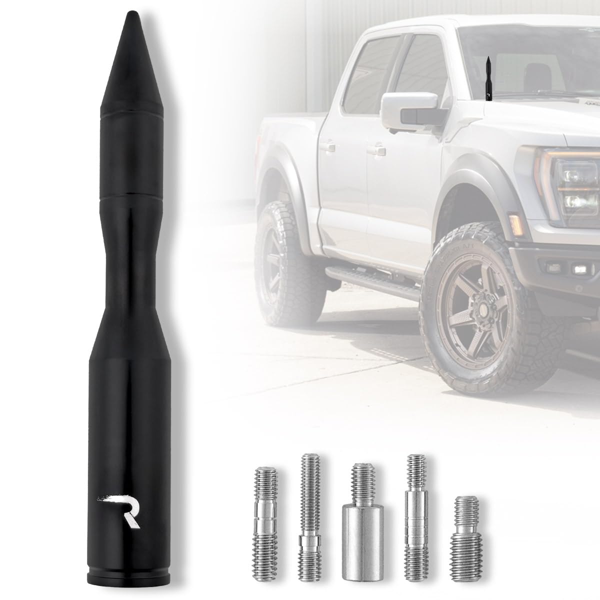 RECON - Rocket Shape Style Truck/SUV Aluminum Antenna 5" - Black (Fits OEM Factory Threaded Antennas)