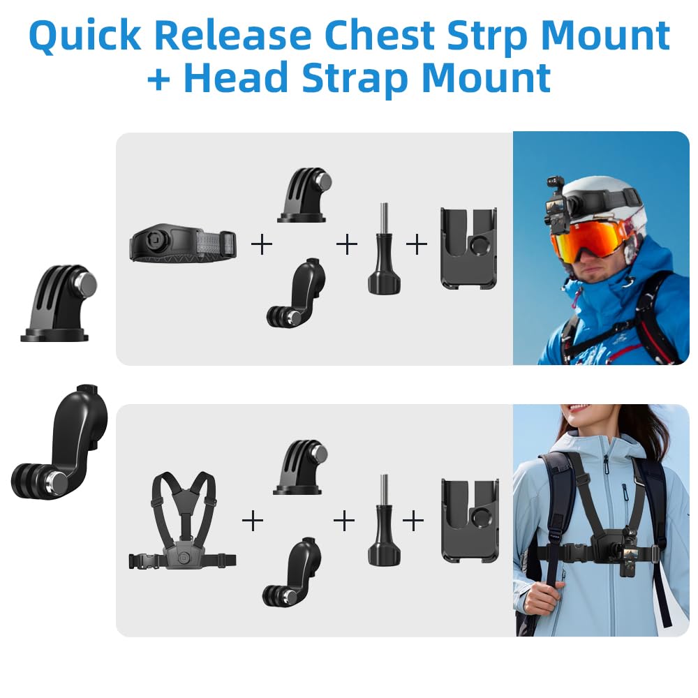 SUREWO 4 in 1 DJI Osmo Pocket 3 Accessories Kit,Quick Release Chest Mount Harness/Quick Release Head Strap Mount/ 360°Rotating Wrist Strap/Quick Clip