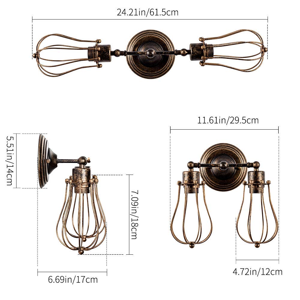 Industrial Wall Sconce Luling Loft Antique Wall Lights Wire Cage Adjustable Socket Edison Vintage Metal Retro Lamp Fixtures for Bedroom Gazebo (No