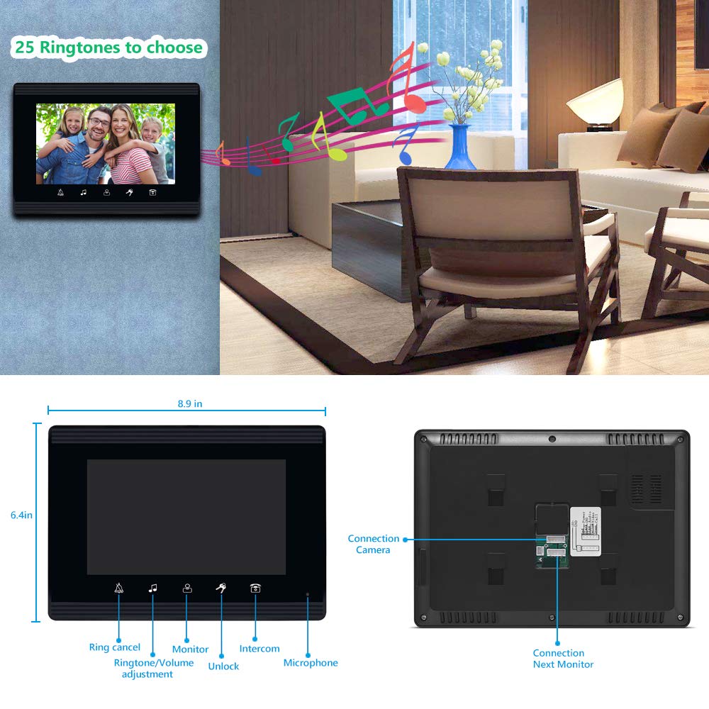 AMOCAM Video Intercom System, 7 Inches Monitor Wired Video Door Phone Doorbell Kits, Indoor Outdoor IR Camera Support Unlock, Monitoring, Dual-Way