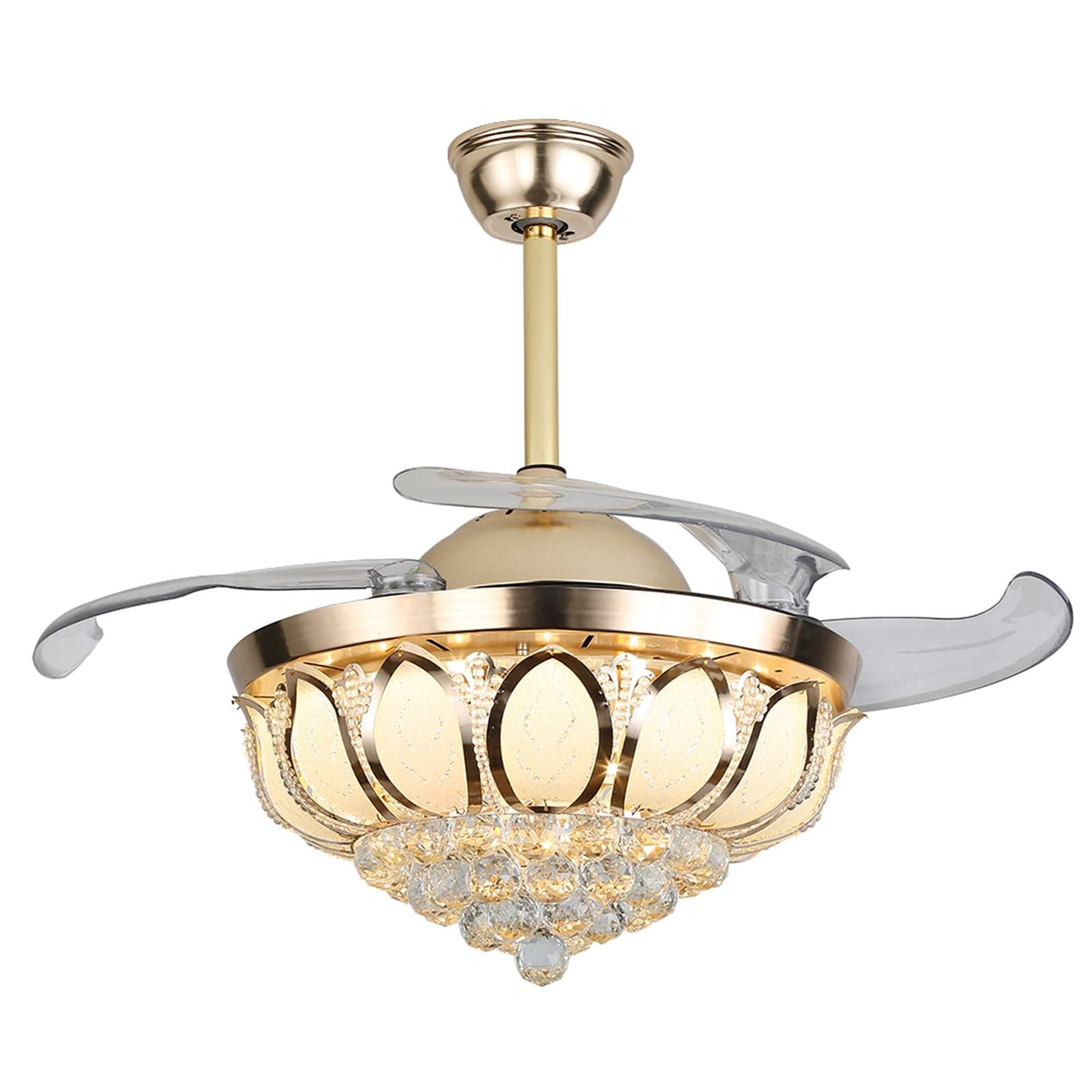 Gdrasuya10 42 Inch Modern Crystal Ceiling Fan Light & Remote, LED Chandelier, with Reverse 4 Invisible Retractable Blade 3 Colors, 3 Speeds, Dimmable