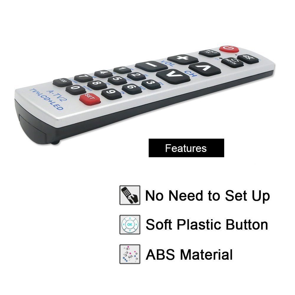 LuckyStar Big Button Universal Remote Control A-TV2, Initial Setting for Lg, Vizio, Sharp, Zenith, Panasonic, Philips, RCA - Put Battery to Work, No
