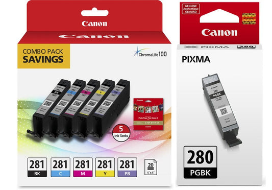 Canon Genuine CLI-281 5-Color Ink Tank Combo Pack with 5 x 5 Photo Paper (2091C006) PGI-280 Pigment Black Ink Tank (2075C001)
