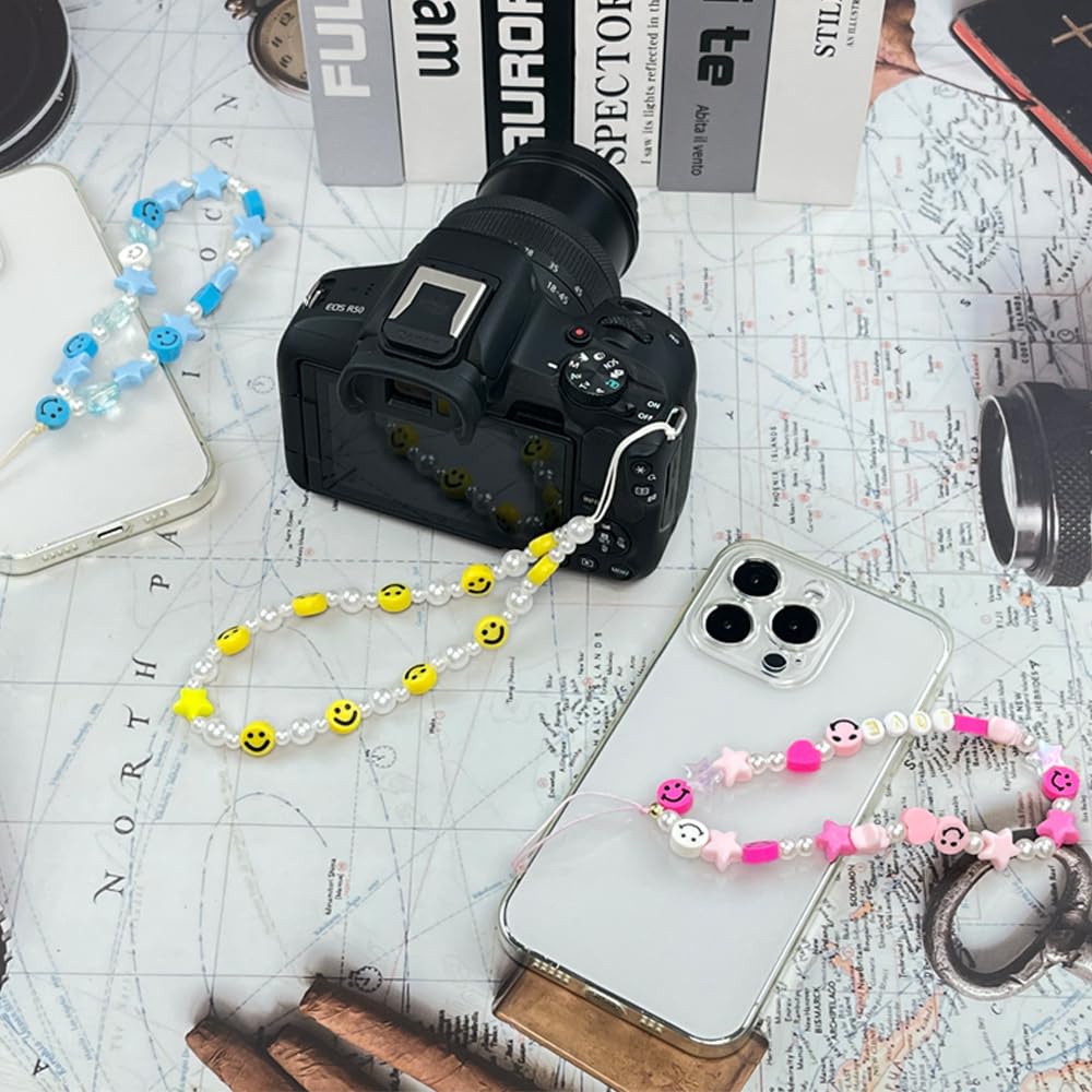 LUSTEMBER Cute Beaded Phone Charm, Smiley Face Wrist Strap, Colorful Handmade Polymer Clay and Pearl Chain