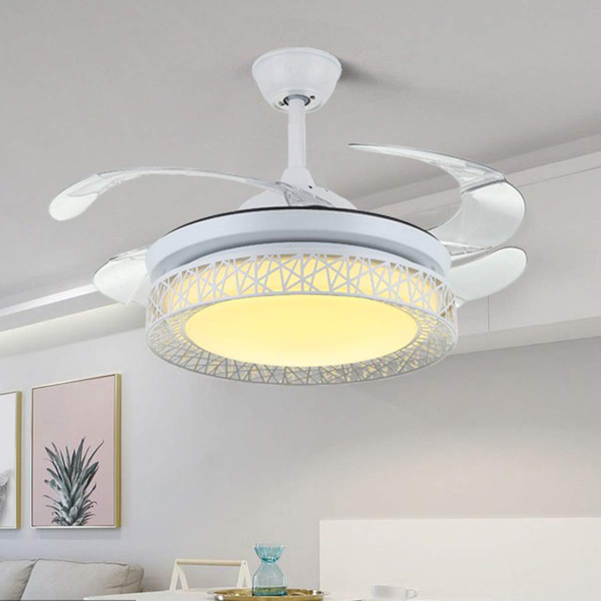42" Retractable Ceiling Fan with Light, Modern Chandelier Ceiling Fan with Remote, Retractable Blades, 3 Color Light Dimmable Ceiling Fan and Light