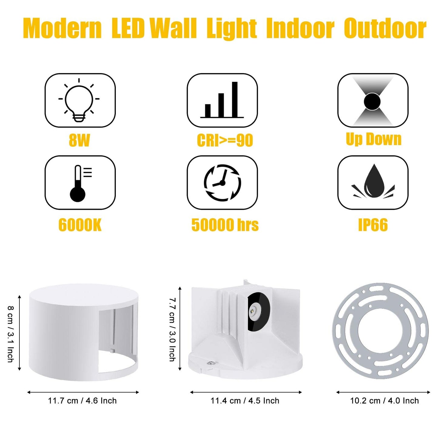 Kawell 8W Modern LED Wall Sconce Light Up Down Waterproof Outdoor Wall Lamp Indoor Hardwired for Bedroom Bathroom Hallway Stairs Porch, White 6000K