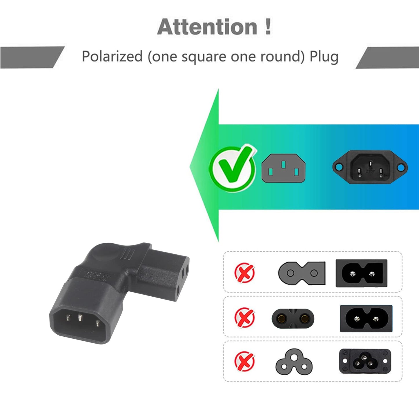 QIUCABLE Right Angle C13 to C14 IEC AC Plug Adapter, 2 Pack, 90 Degree Design, PVC, Pure Copper, 250VAC 10A Max