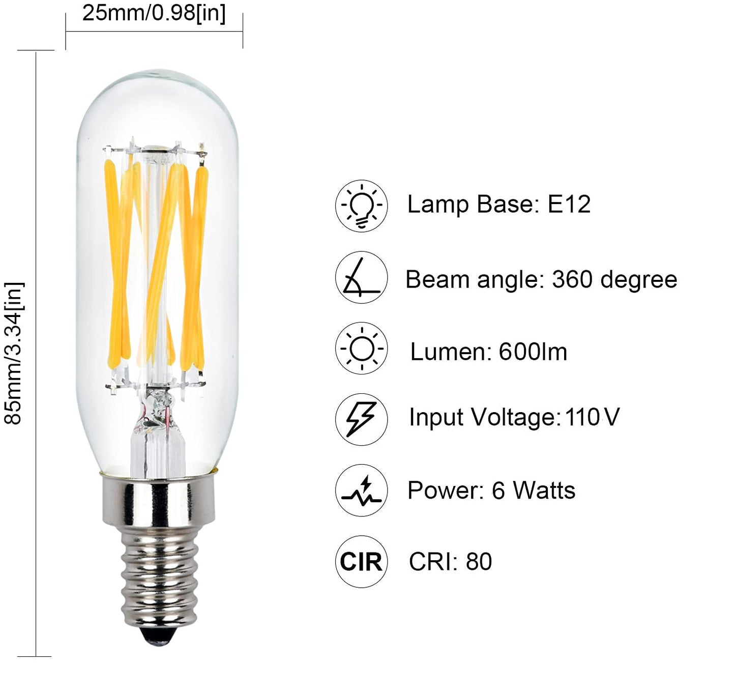 T8 T25 LED Bulb E12 Dimmable 110V 600lm 3000K 6Watt Warm White 10Pack