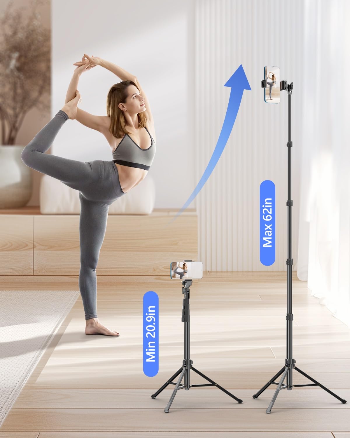 EMART 62’’ Cell Phone Tripod Stand, Adjustable Floor Cellphone Tri Pod Holder with Remote for iPhone and Android, Portable Compact Smartphone Selfie