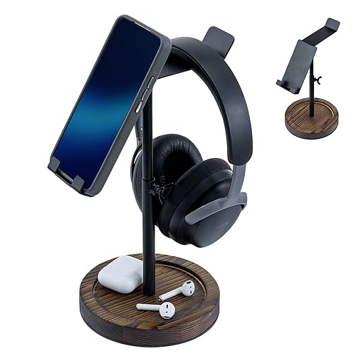 MyGift Industrial Matte Black Metal Headphone Stand with Adjustable Height and Burnt Wood Tray - Desktop Headset Holder for Office, Gaming, or Studio…