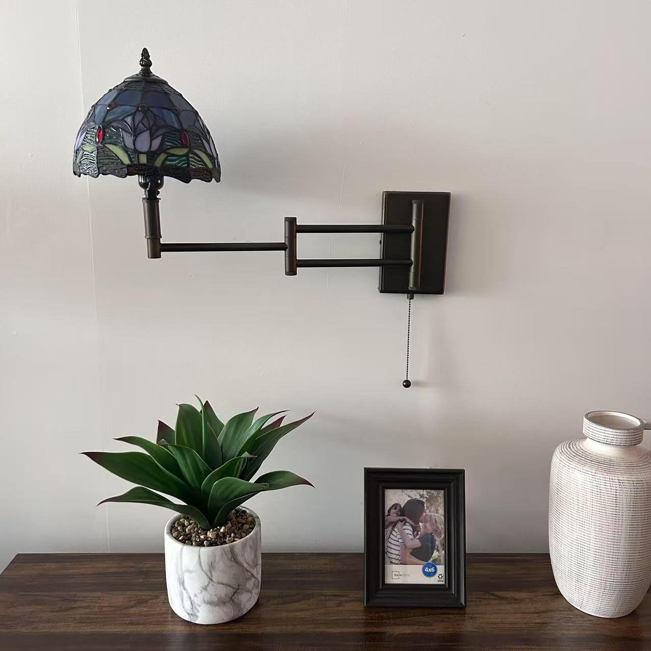 enjoy decor lamps Tiffany Sconce Lamp Swing Arm Blue Stained Glass Purple Tulips Pull Chain Switch LED Bulb Included for Bedroom Living Room