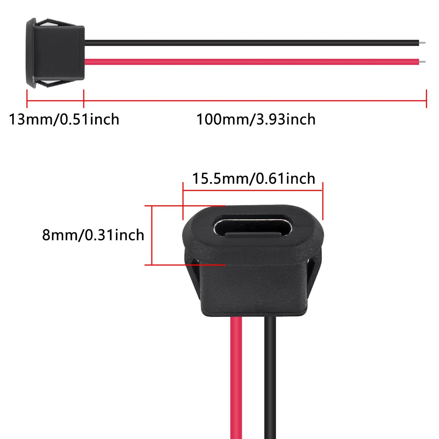 Coliao 20pcs Type-C Female Chassis Waterproof 2P Solder Wire Type USB C Pigtail Cable Extension Power Cable USB-C Plug to 2 Pin Bare Wire Open End