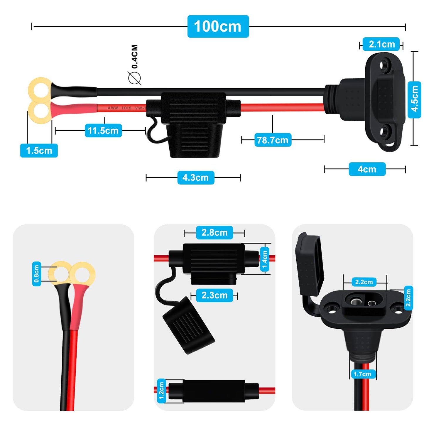 YINGAYOU 12AWG SAE Power Socket Sidewall with O Ring 8mm SAE Sidewall with Inline Fuse and O Rings 25A, for Charging Motorcycles Tractors Cars (12