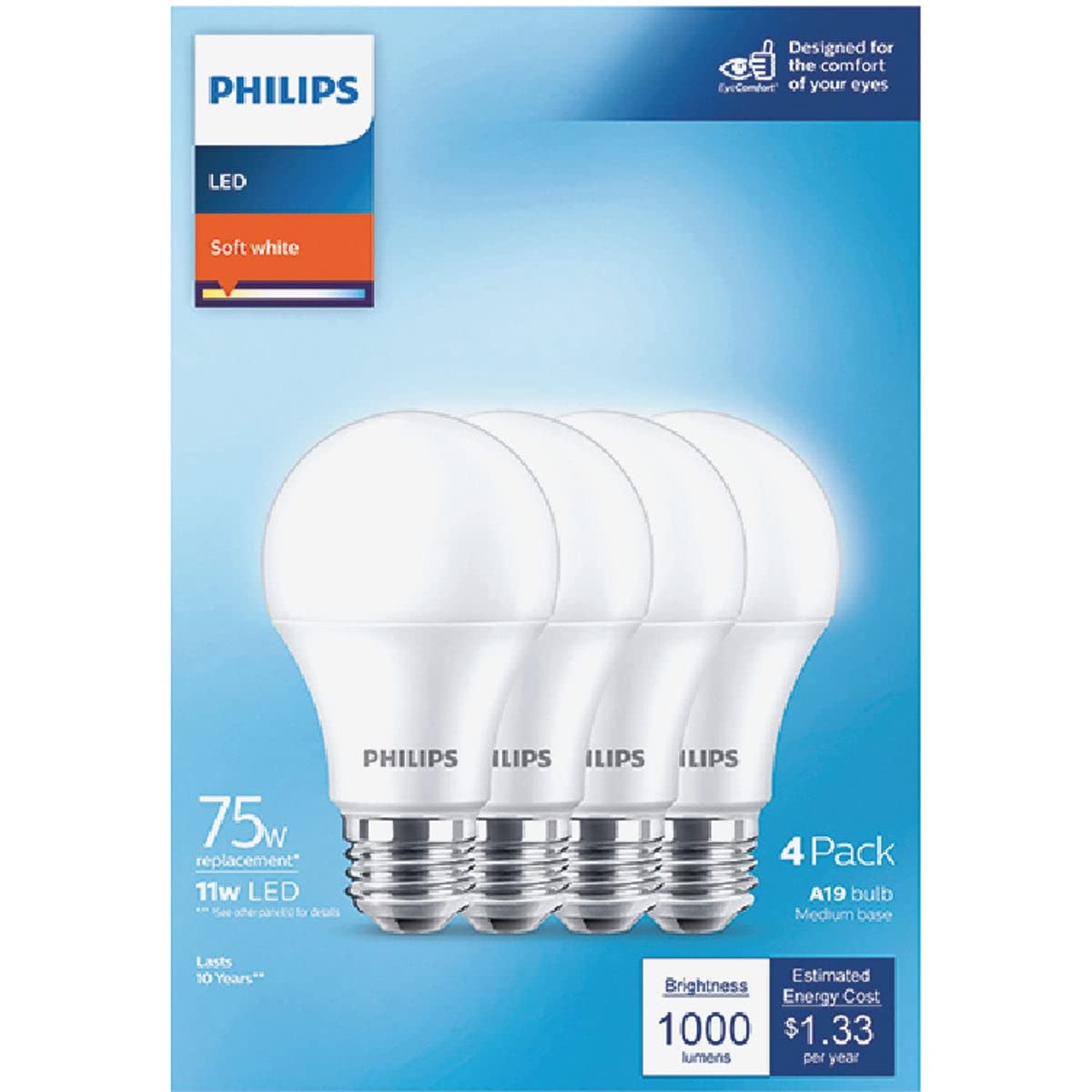 Philips LED Frosted Non Dimmable A19 Light Bulb - EyeComfort Flicker Free - 11W=75W - 1000 Lumen - Soft White (2700K) - E26 Base - Indoor - Pack of 4