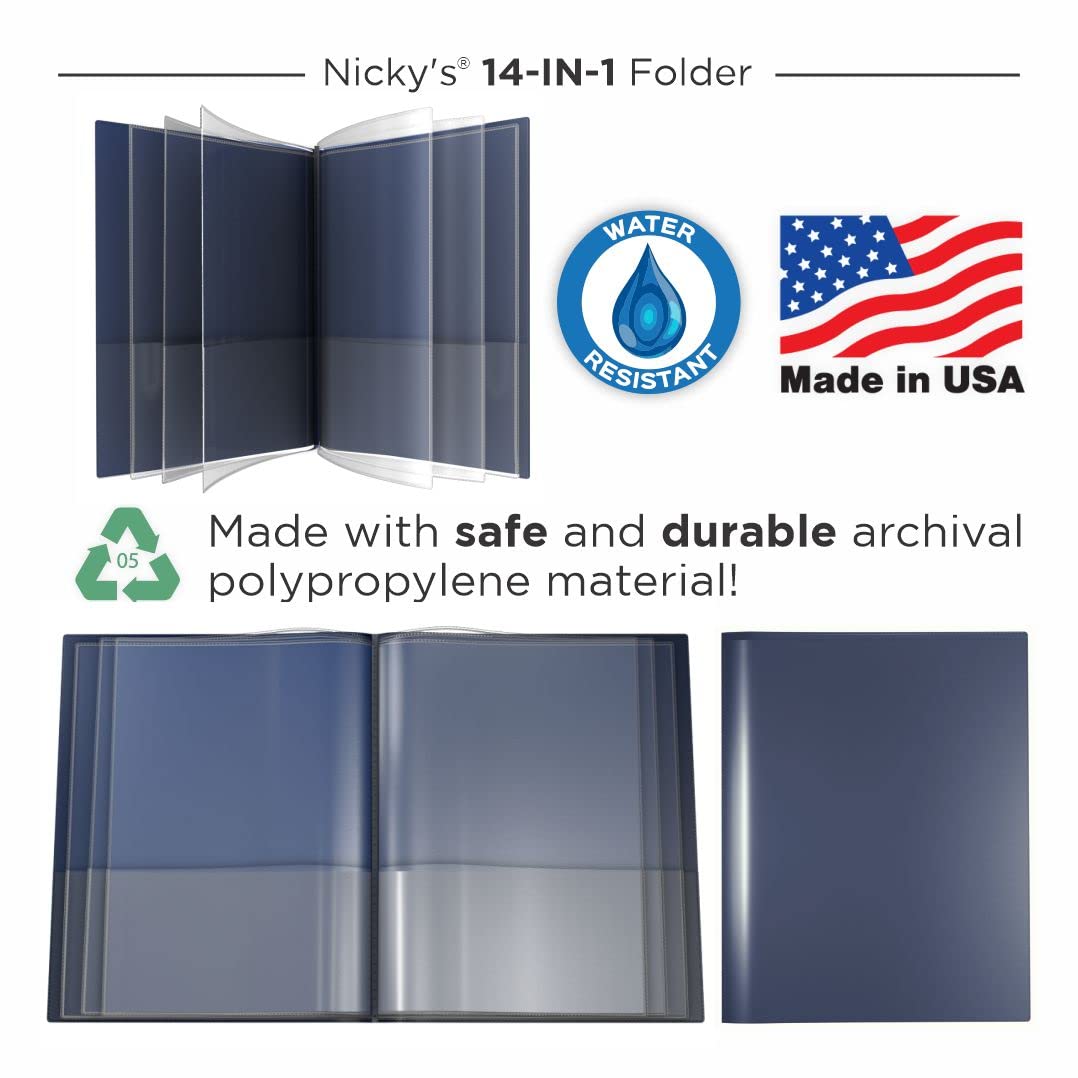 Nicky's® Multi Pocket Organizer, 10 or 14 Page Folder, Waterproof, Patented Tear-Resistant, Flexible Plastic, Proudly Made in USA, Binder Substitute