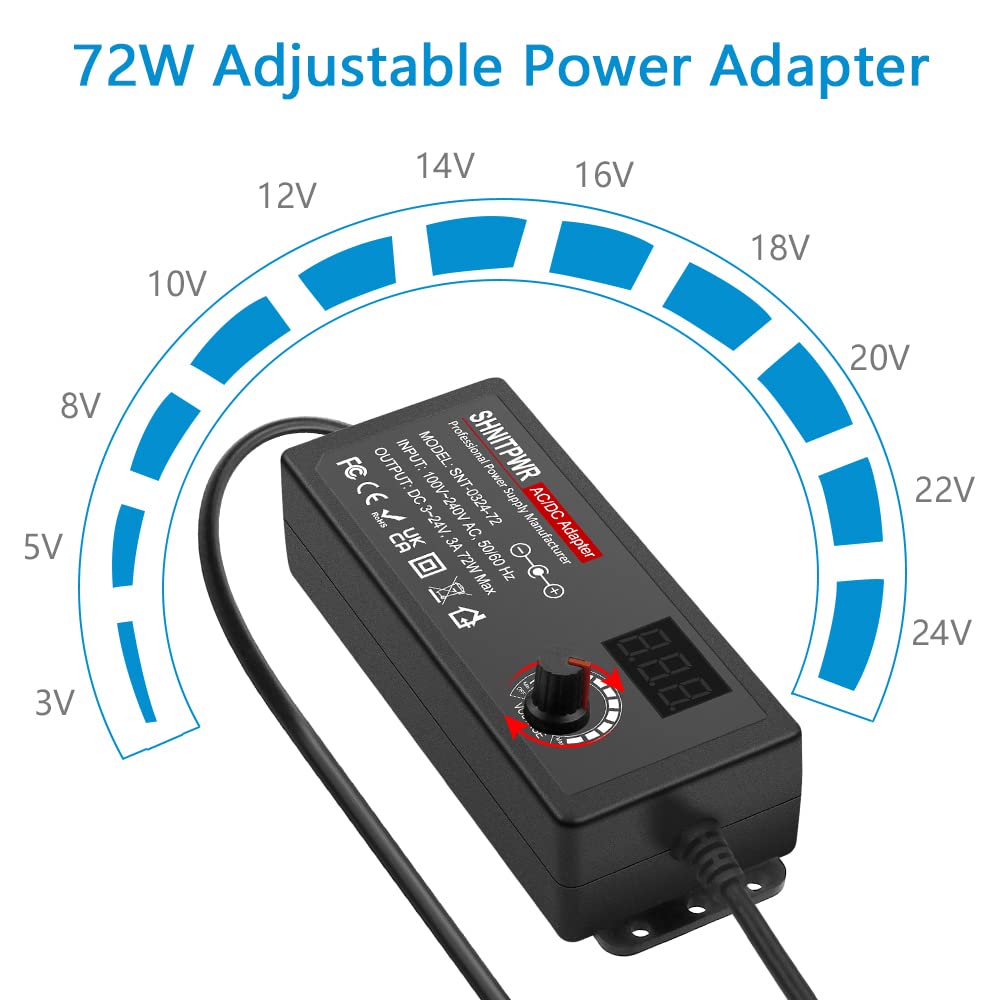 SHNITPWR 72W Adjustable Power Supply – 3V-24V 3A Universal AC/DC Adapter 100-240V to DC Converter with 14 Tips for Multiple Devices