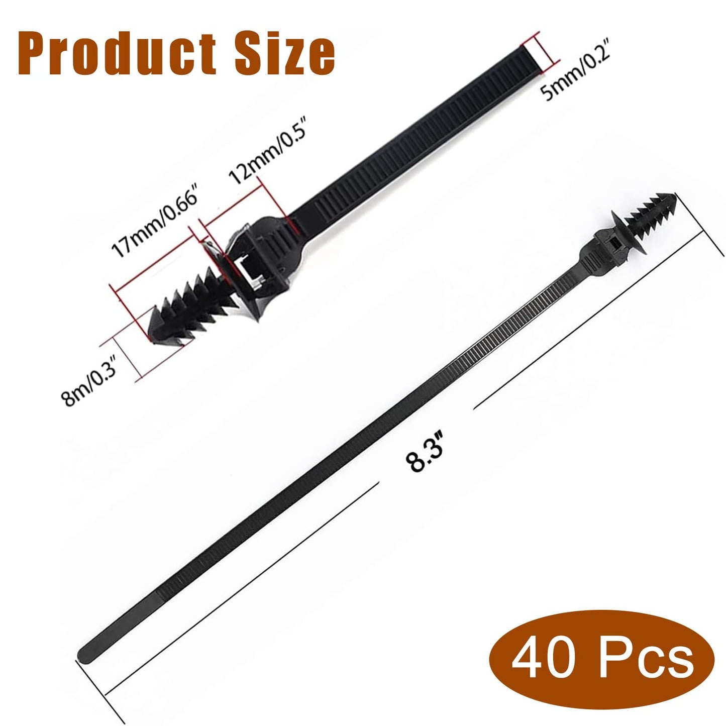 Nylon Push Mount Cable Zip Tie, 8.3" Heavy Duty Nylon Push Mount Self Locking Assortment for Indoor Wire Tying- Black 8.3x0.2inch 40 Pack