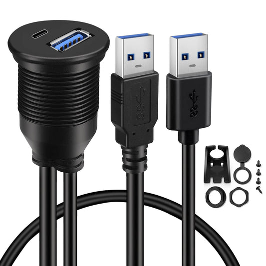 BATIGE USB 3.0 to Type C 3.0 Car Mount Flush Cable Dual Port Male to Female Extension Waterproof Cable for Car Truck Boat Motorcycle Dashboard Panel