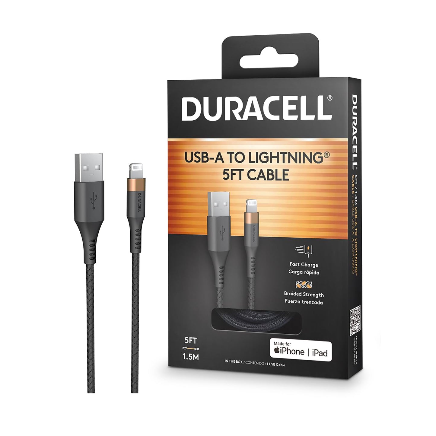 DURACELL iPhone Charger, USB-A to Lightning Cable (5ft/1.5m) Fast Charging Cable Type C Charger, MFi Certified for iPhone 14/13/12/11/X/8, AirPods