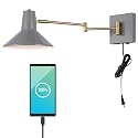 JONATHAN Y 16" Grey/Brass Gold 1-Light Modern Swing Arm Sconce with USB Port, Plug-in Midcentury LED Bedside Lamp with White Iron Shade for Bedroom