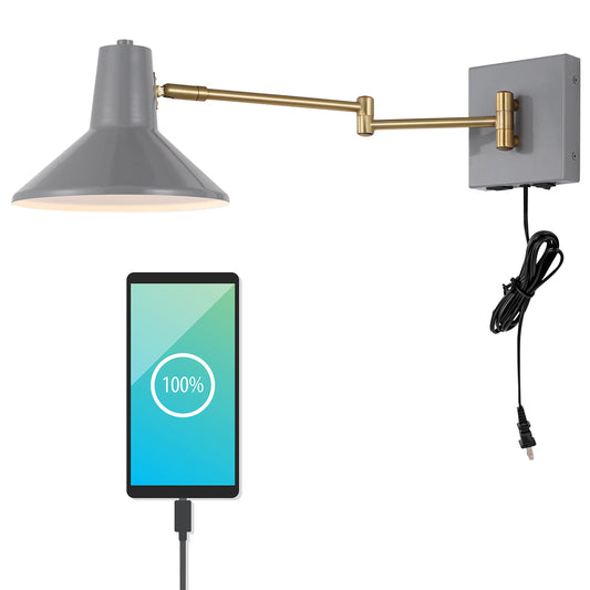 JONATHAN Y 16" Grey/Brass Gold 1-Light Modern Swing Arm Sconce with USB Port, Plug-in Midcentury LED Bedside Lamp with White Iron Shade for Bedroom