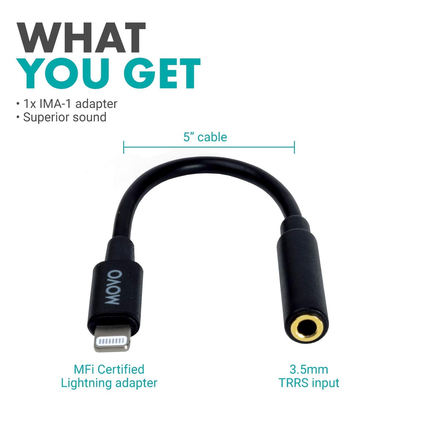 Movo IMA-1 Female 3.5mm TRRS Microphone Adapter Cable to Lightning Connector Dongle Compatible with Apple iPhone, iPad Smartphones and Tablets