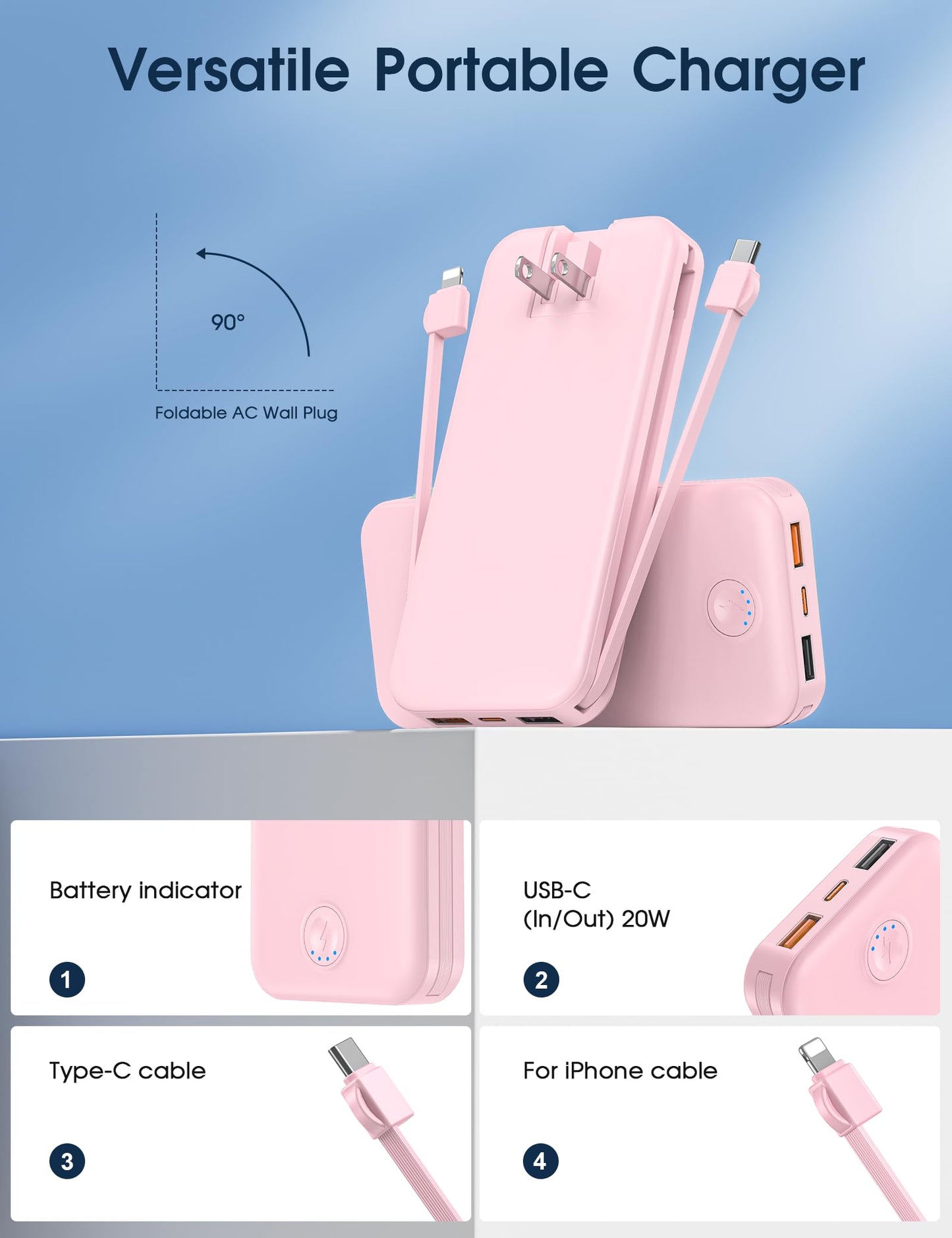 Nusyddy Portable Charger, 10000mAh PD20W Fast Charging Power Bank with Built-in Cables & Wall Plug, Travel Essentials External Battery Pack, USB C