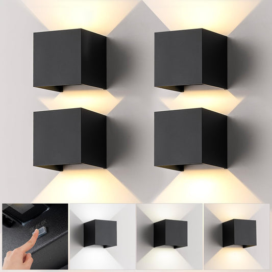 4 Pack LED Outdoor Wall Sconces Exterior/Interior,Modern Black Square Aluminum Wall Light Fixture Set,Variable Beam IP65 Waterproof Lights.15W