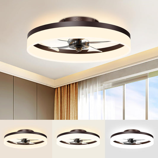 VOLISUN Low Profile Ceiling Fans with Lights and Remote, 19.7in Fandelier Ceiling Fan Flush Mount, 3000K-6500K Smart Bladeless LED Fan Light, Brown