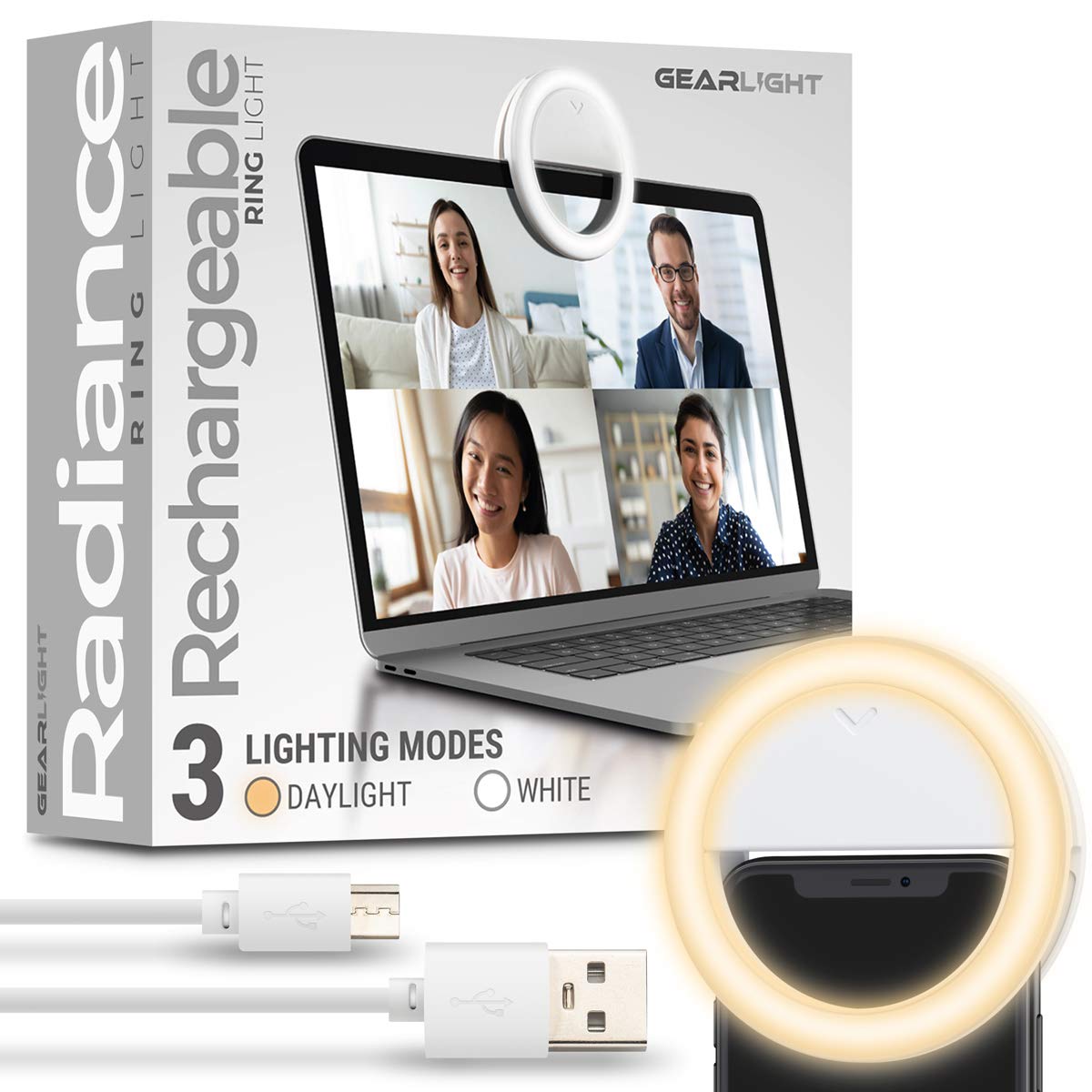 GearLight Selfie Ring Light for Computer or Phone - iPhone Compatible LED Lighting for Laptop Webcam, Video Recording - Rechargeable Circle Clip