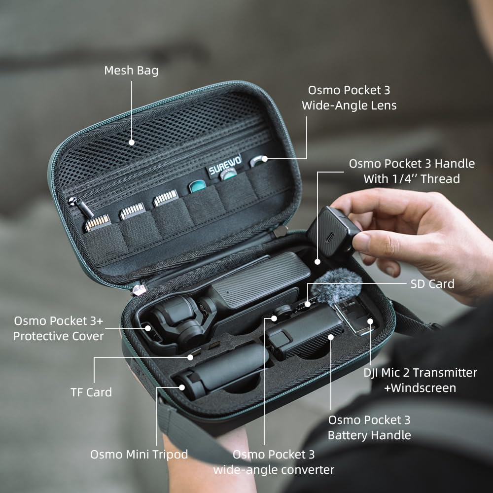 SUREWO Osmo Pocket 3 Case, Portable PU Storage Protective Bag for DJI Osmo Pocket 3 Standard kit and DJI Osmo Pocket 3 Power Expansion Combo