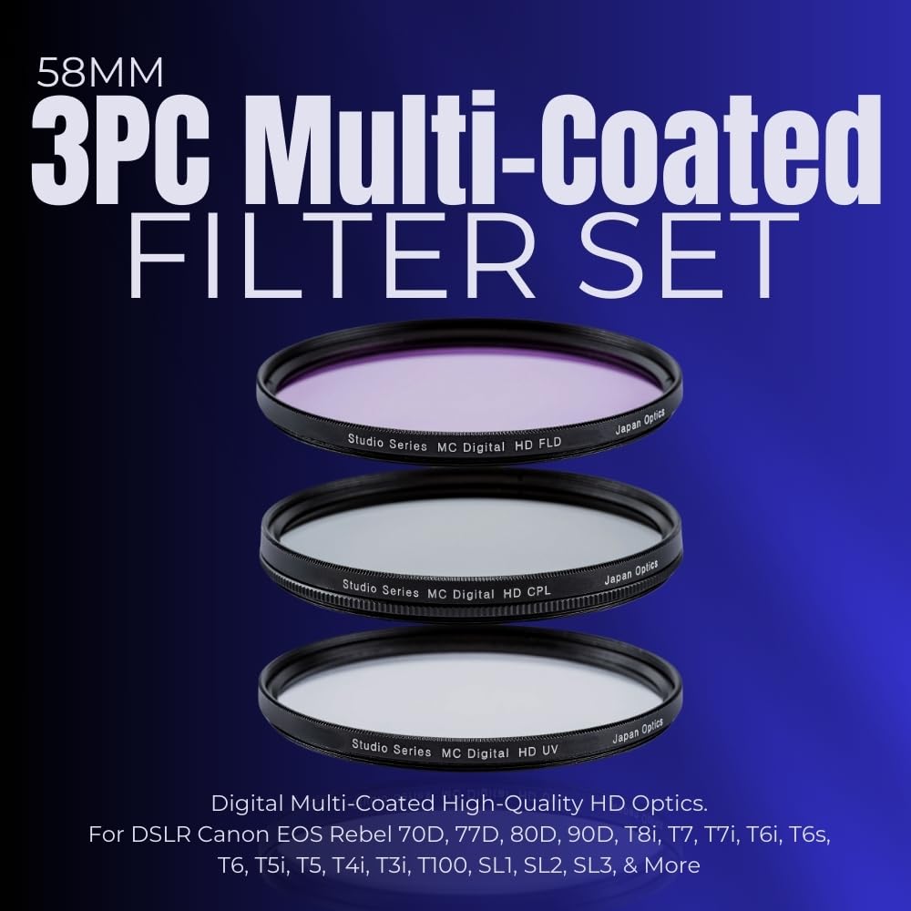 58mm Multi-Coated 3 Piece Filter Kit (UV-CPL-FLD) for DSLR Canon EOS Rebel 70D 77D 80D 90D T8i T7 T7i T6i T6s T6 T5i T5 T4i T3i T100 SL1 SL2 SL3
