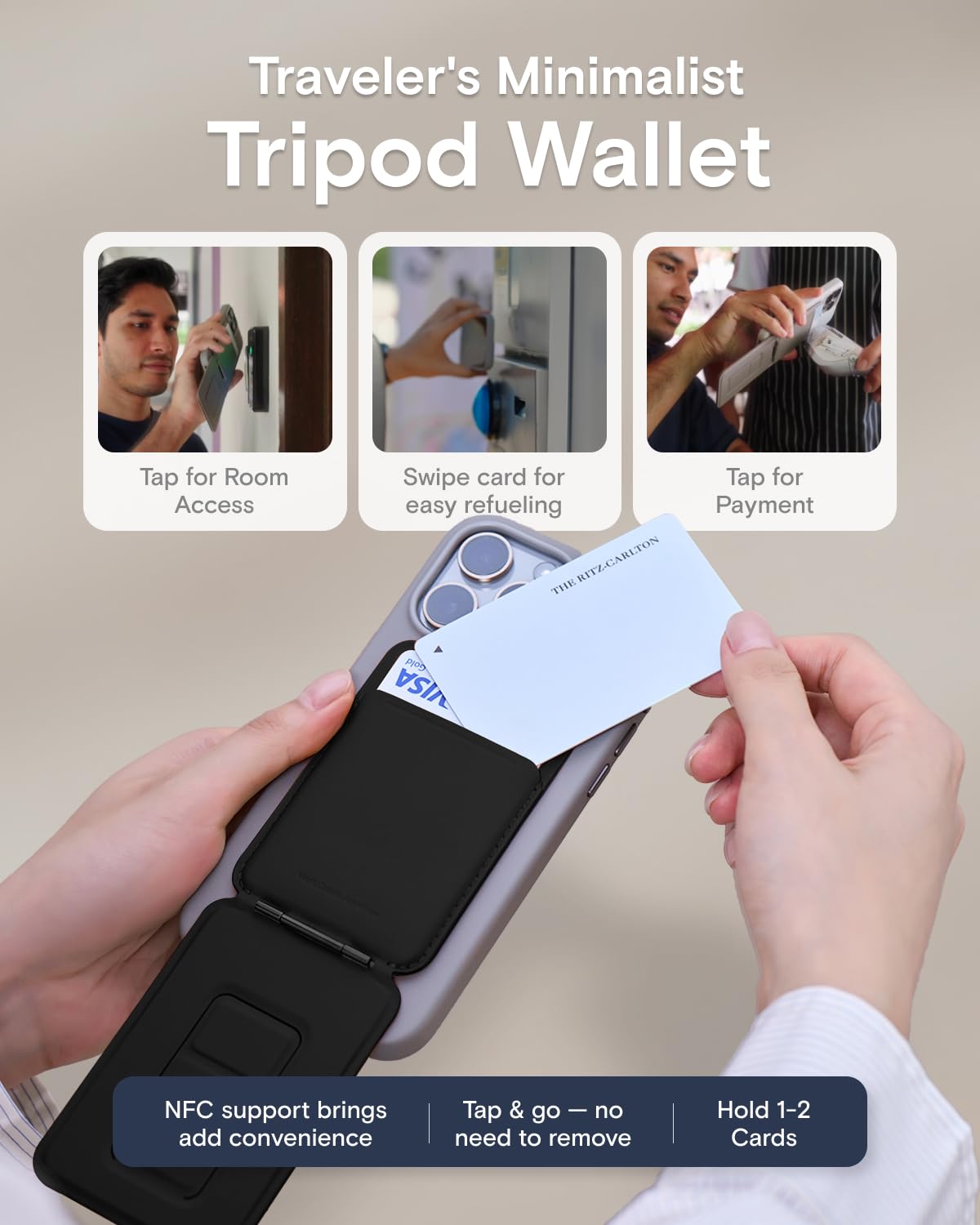 MOFT Phone Tripod Wallet for iPhone, Mulit-Angles, Lightweight & Portable Phone Stand, MOVAS Vegan Leather Magnetic Wallet, Strong Magnets, NFC Card