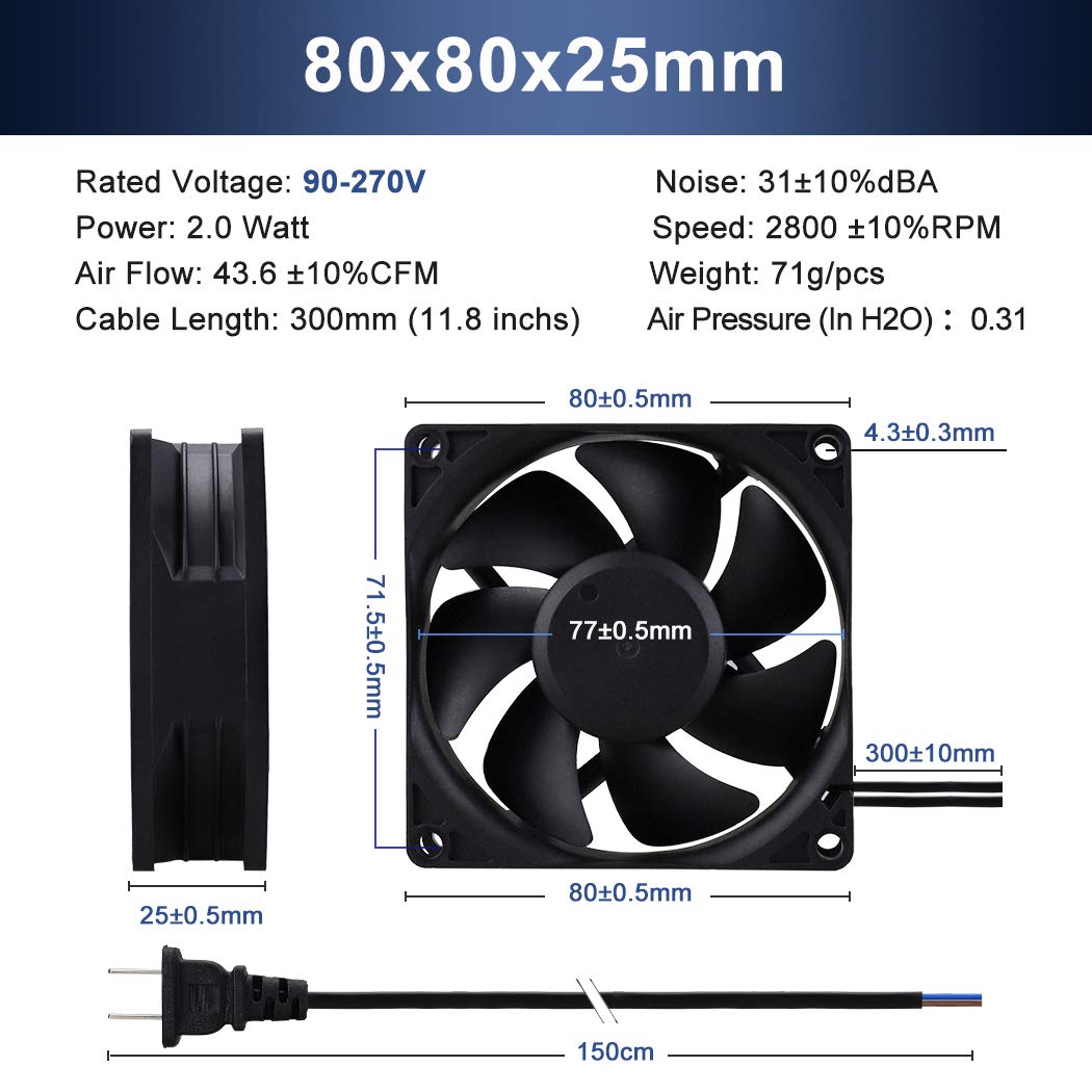 Wathai 80mm EC Axial Fan AC 110V 115V 120V 220V 240V Brushless Cooling Fan 80mm x 25mm
