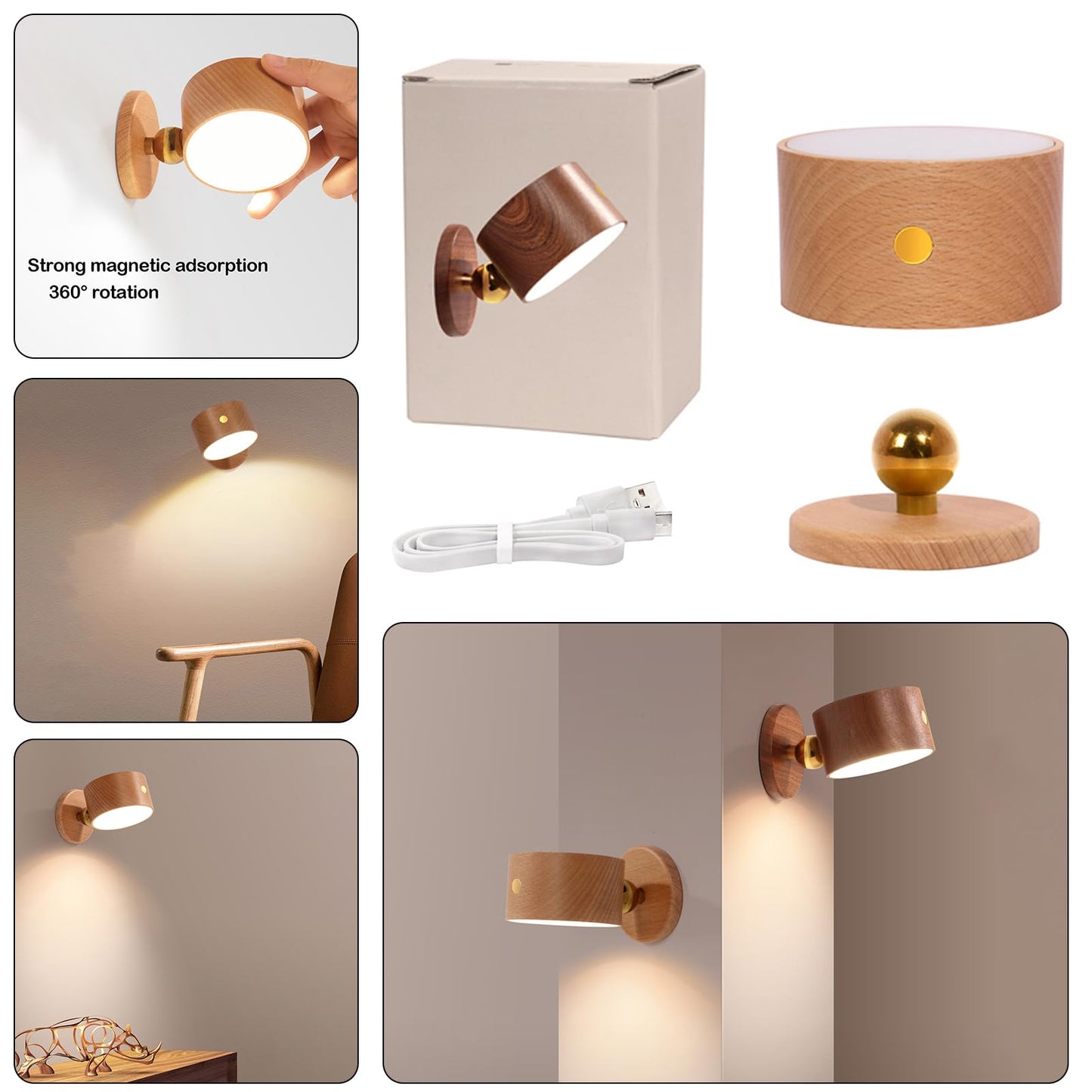 LANDGOO 1-Pack Wood Wall Sconce, Beech Wood Magnetic 360° Rotatable Cordless Bedside Lamp, Rechargeable & Dimmable LED Light with Touch Control
