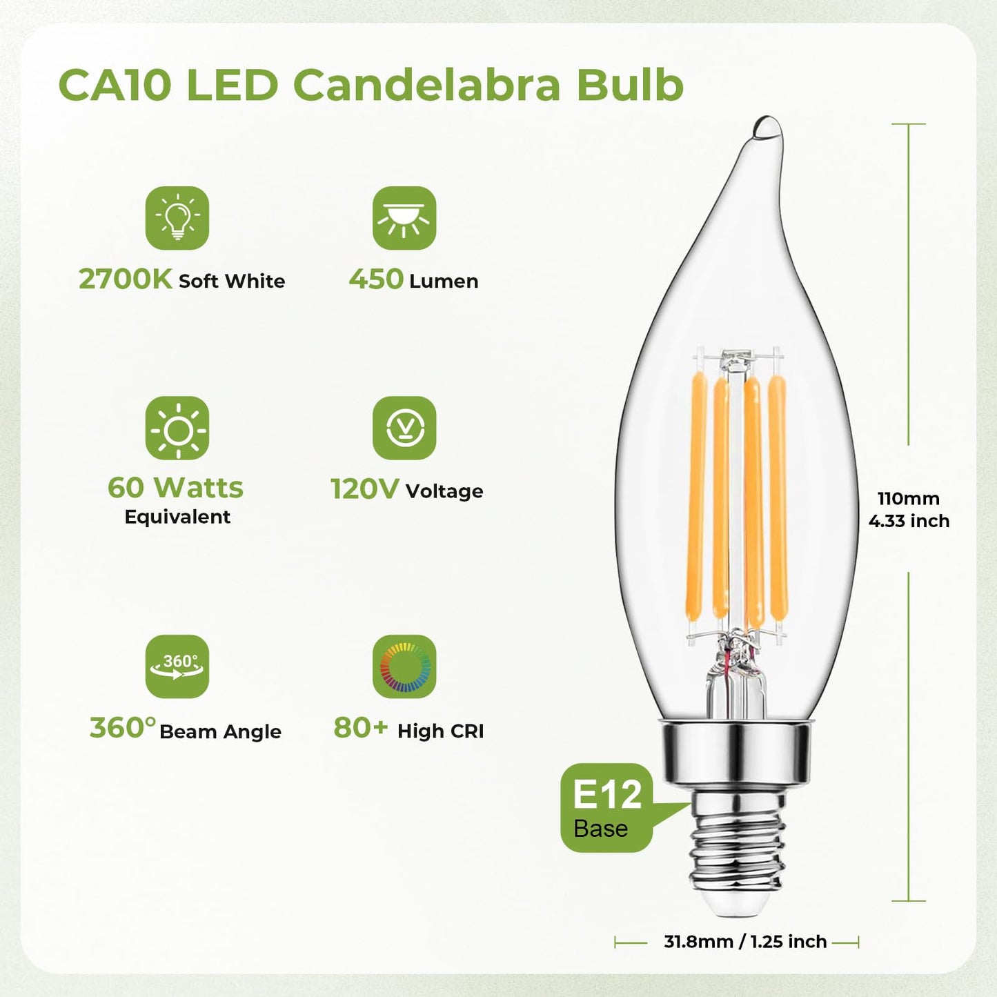 Sigalux E12 LED Bulb 60 Watt Equivalent, Dimmable Candelabra Bulb 2700K Soft White, Chandelier Light Bulbs, CA10 Candle Bulbs for Chandelier, 5W
