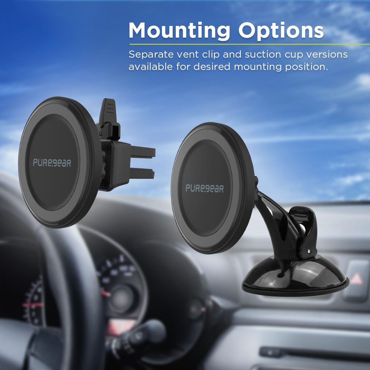 PureGear MagSafe Compatible Qi-Certified Fast Magnetic Wireless Round Car Charger for iPhone 17, Air,16,15, 15 Pro, 14, 14 Pro Max, 13, 12, Qualcomm