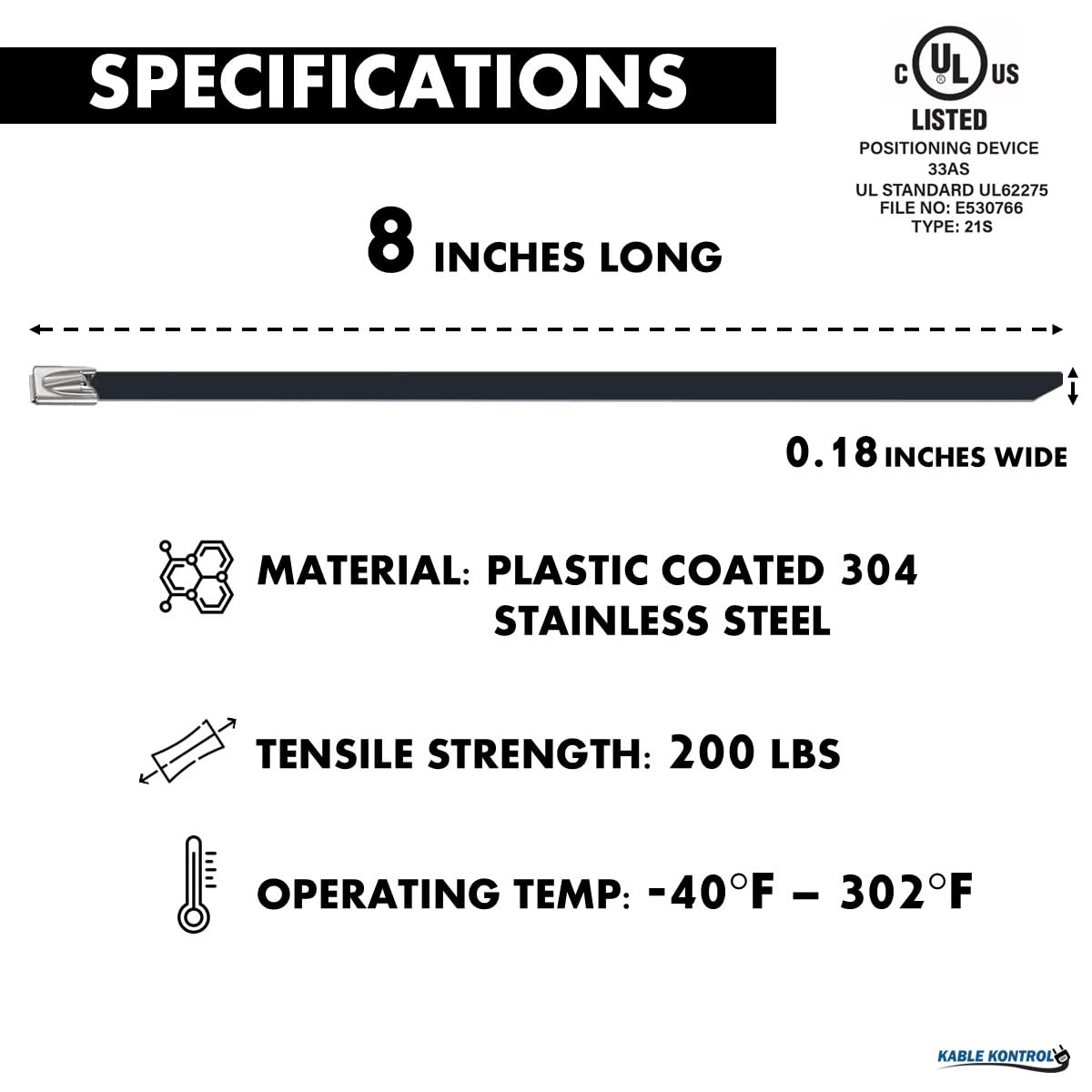 Kable Kontrol Black Metal Zip Ties - 8" Inch Long 100 Pcs, 200 Lbs Tensile Strength, Polyester Coated 304 Stainless Steel Cable Ties UV & Chemical