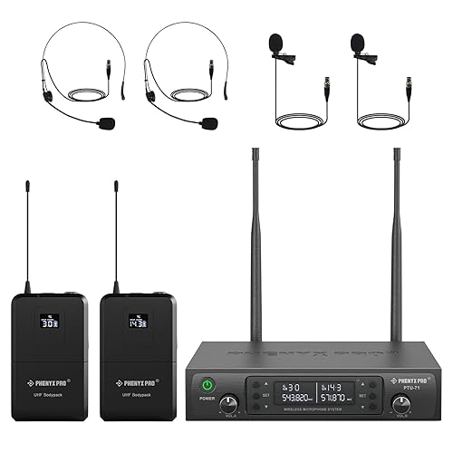 Phenyx Pro Dual UHF Wireless Microphone System?Auto-Scan Cordless Mic Set w/ 2x100 Frequencies, 2 Bodypacks & Headsets/Lapel Microphones for Speaking