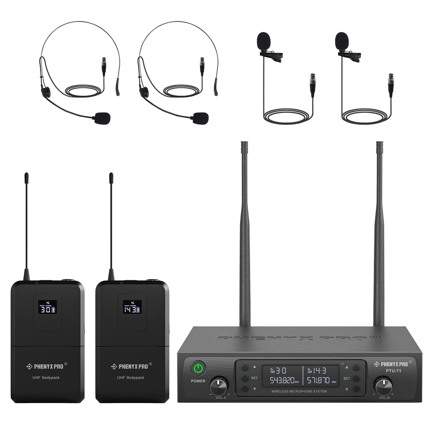 Phenyx Pro Dual UHF Wireless Microphone System?Auto-Scan Cordless Mic Set w/ 2x100 Frequencies, 2 Bodypacks & Headsets/Lapel Microphones for Speaking