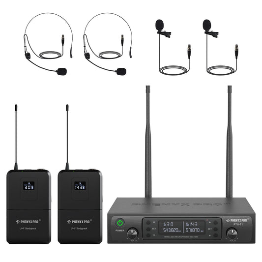 Phenyx Pro Dual UHF Wireless Microphone System?Auto-Scan Cordless Mic Set w/ 2x100 Frequencies, 2 Bodypacks & Headsets/Lapel Microphones for Speaking