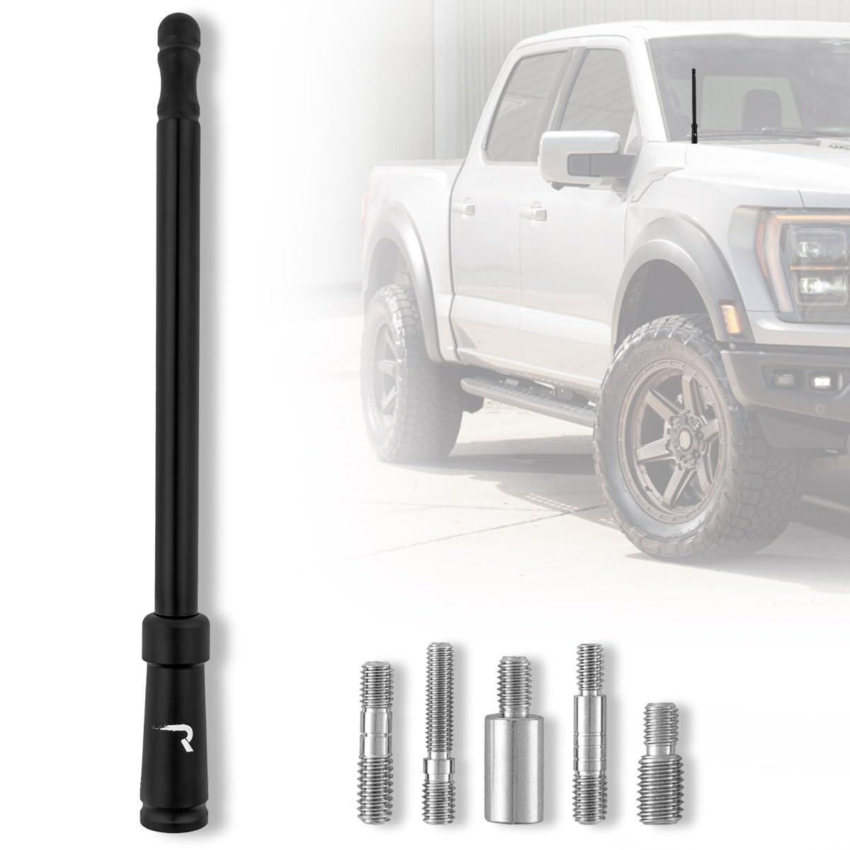 RECON Aluminum 8" Antenna Mast Style (Fits OEM Factory Threaded Antenna) Truck Antenna - Multiple Color Options (Black, Chrome, Red, White, Blue)