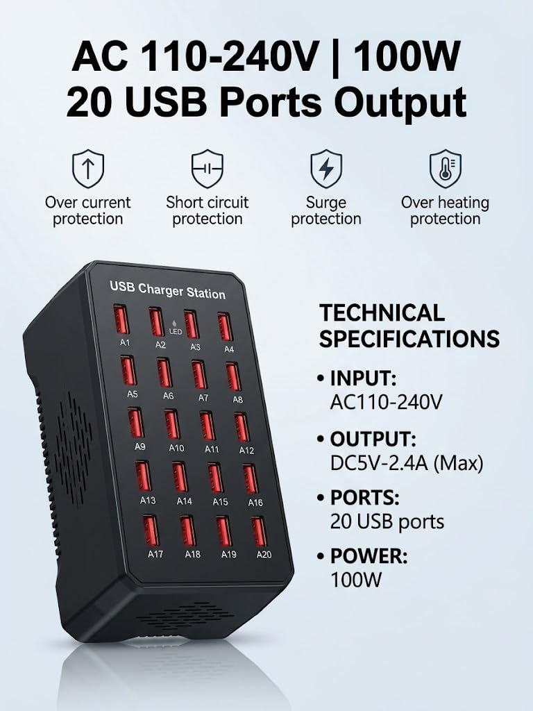 20 Port USB Charging Station, 100W (20A) Multifunctional Smart Charger, USB A Charging Block, Multiple Device Chargers, Compatible
