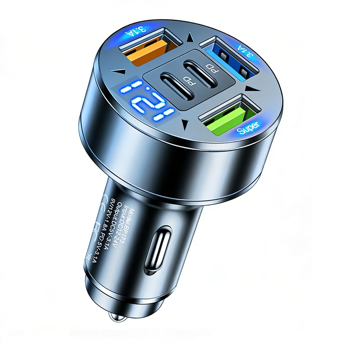 5 in 1 Multi Port USB C Car Phone Charger Adapter with Voltage, 100W Super Fast Charging Car Cigarette Lighter USB Charger for iPhone 16 15 14 13 12