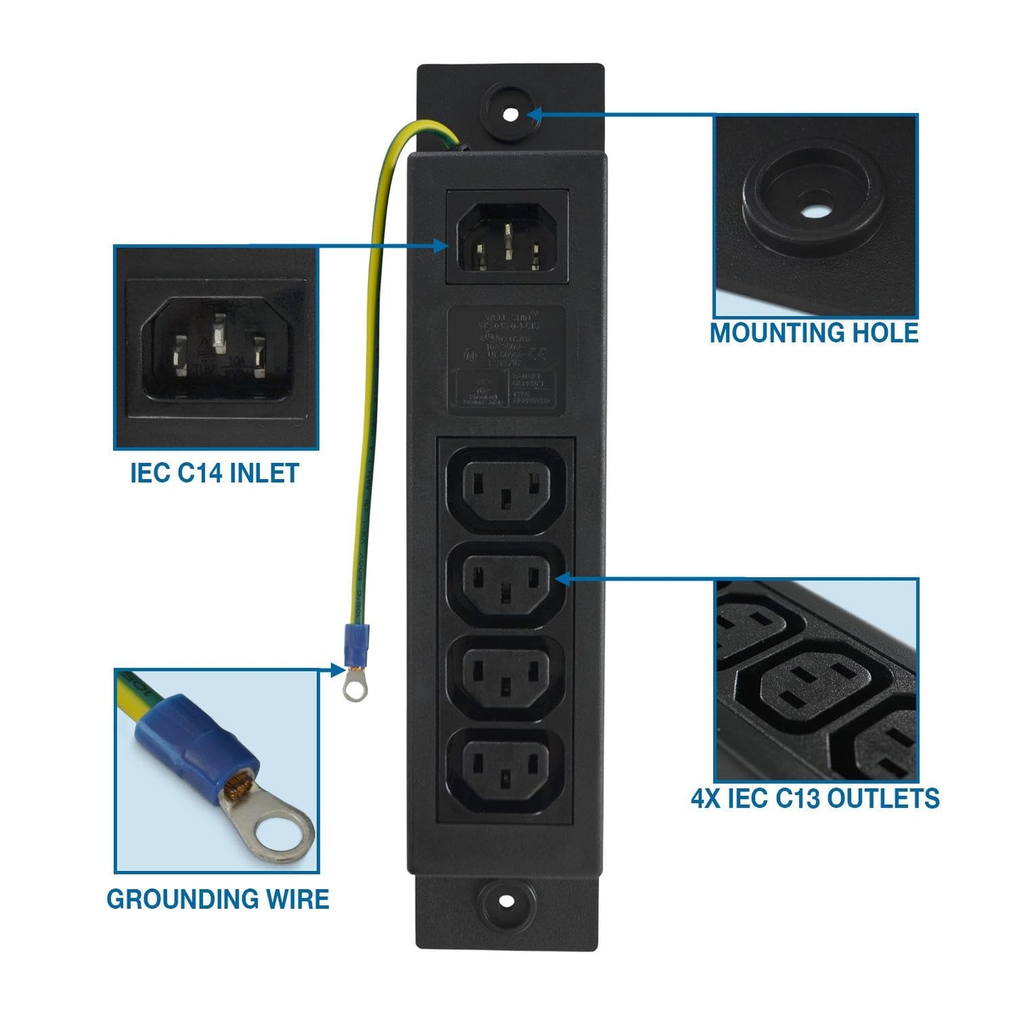 Conntek Server 10A 250V IEC Power Strip C14 Inlet to IEC 320 Sheet F Outlets 4 with Grounding Wire Out