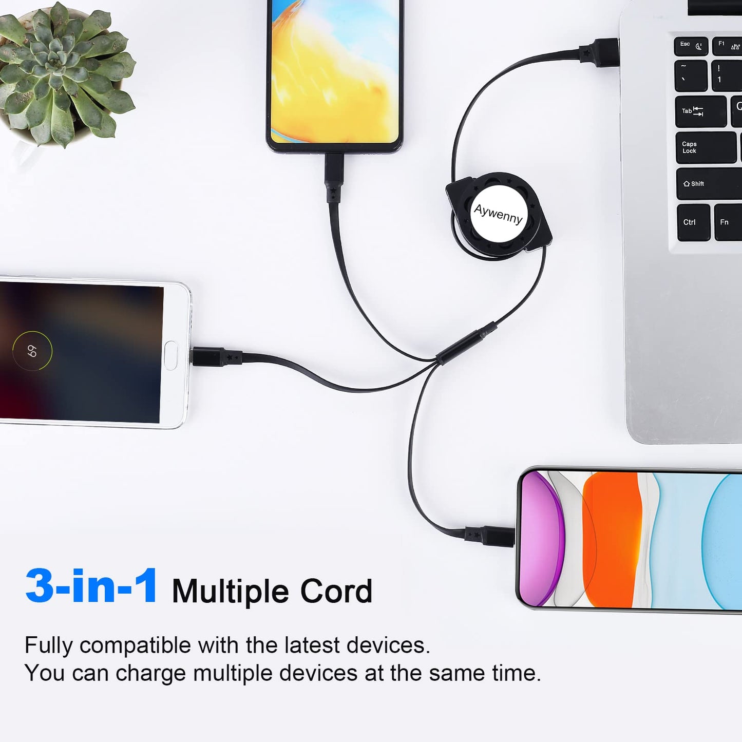 Aywenny [2026 Upgraded] 3 Pack Multi Retractable Charging Cable, 3 in 1 USB Charging Cable with USB C/Micro USB/Phone Port, 3.3FT Charging Cable
