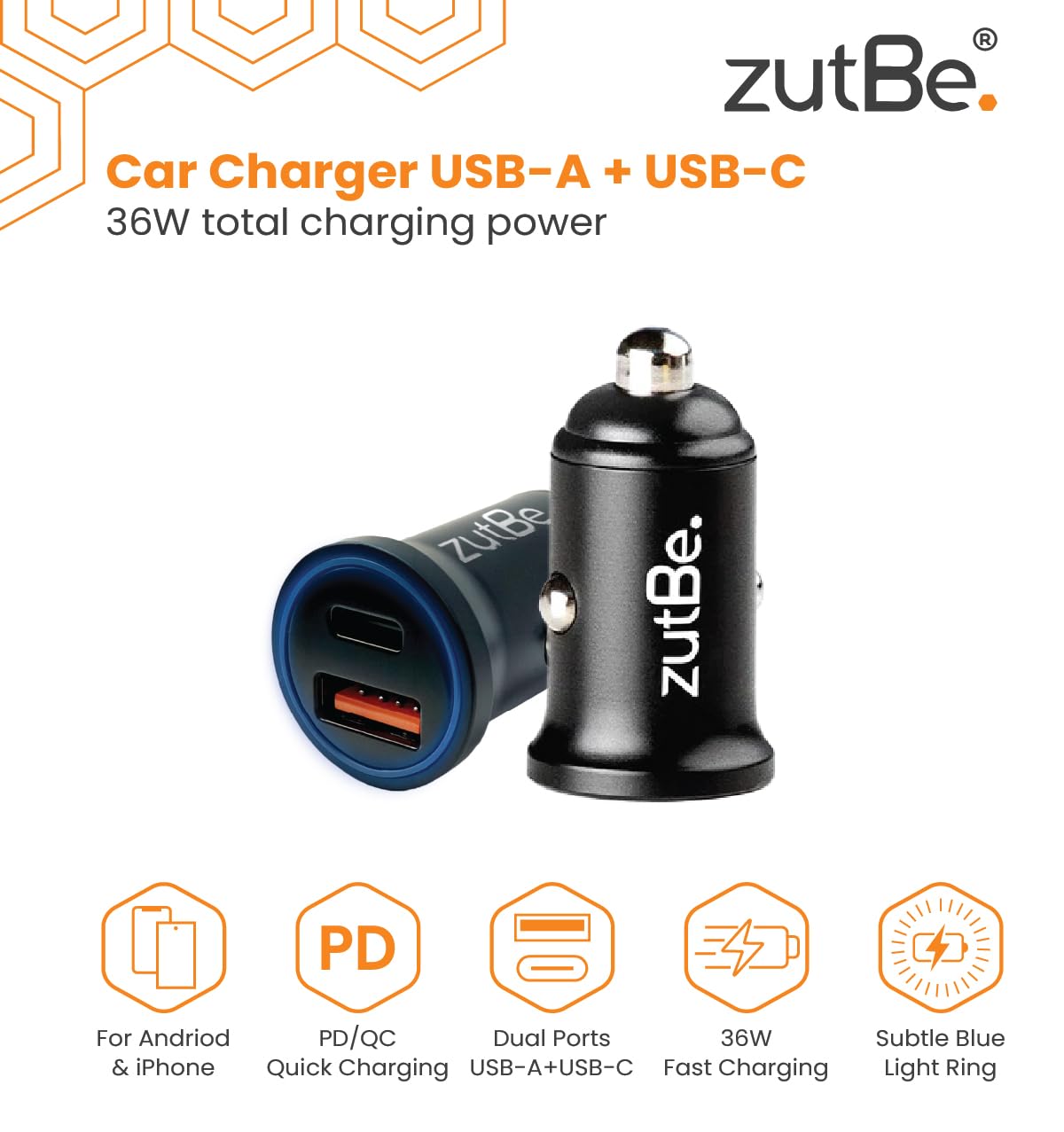 zutBe USB-C PD and USB-A QC 3.0, 36W Compact Metal Fast Car Charger for iPhone 17 16 15 14 13 12 11 X iPad Pro Pixel Samsung Galaxy and More [Be