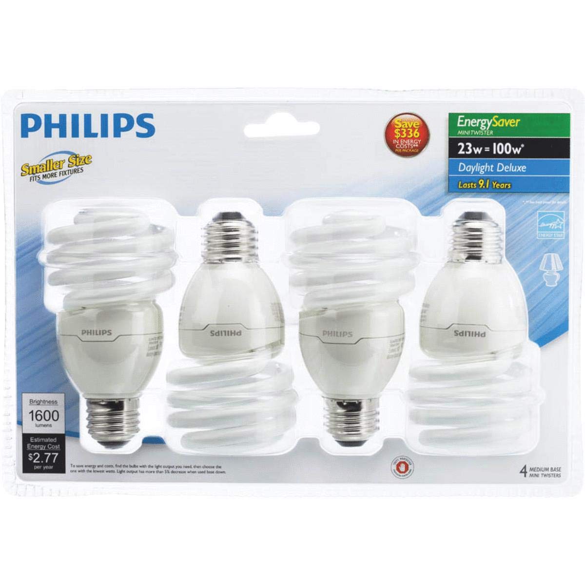 Philips LED 433557 Energy Saver Compact Fluorescent T2 Twister (A21 Replacement) Household Light Bulb: 6500-Kelvin, 23-Watt (100-Watt Equivalent), E26
