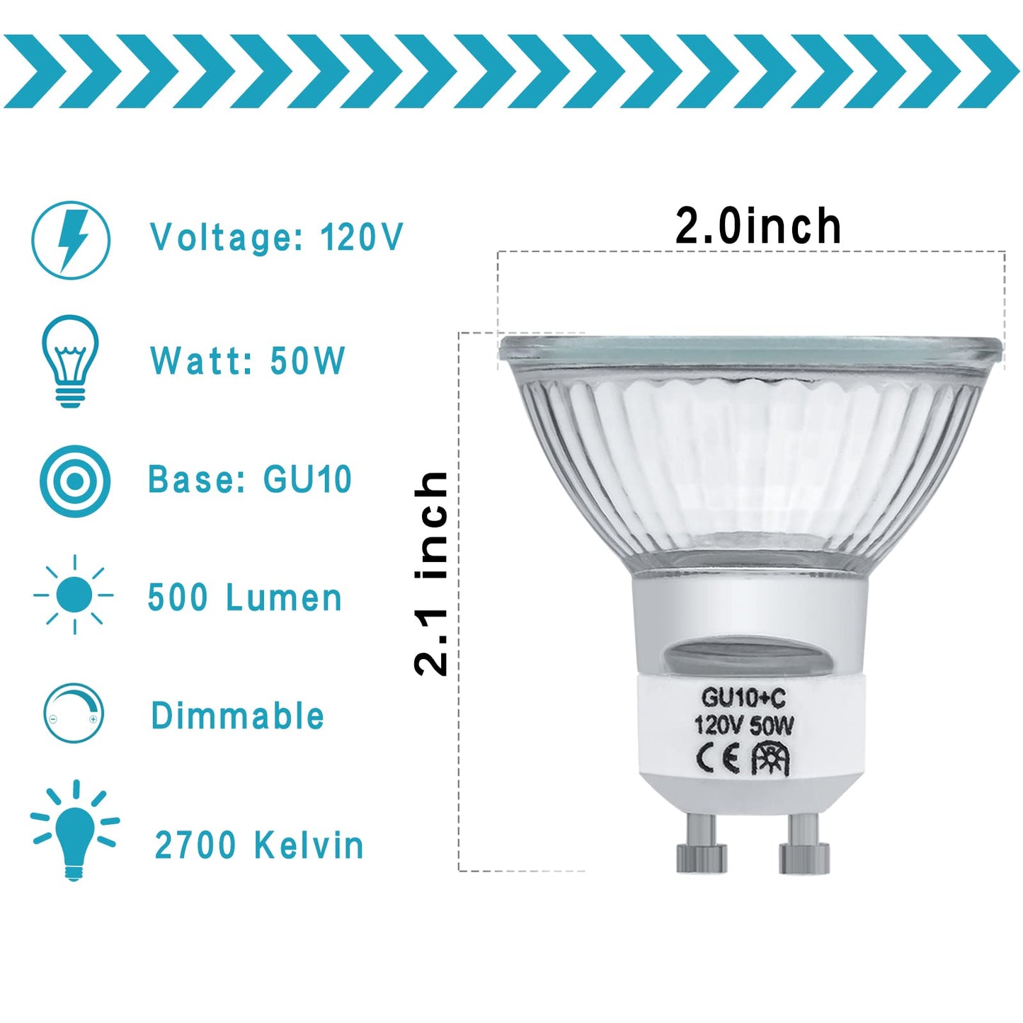 YBEK GU10 Halogen Light Bulbs 50W 120V MR16 Dimmable for Candle Warmer Light Bulbs, Wax melt Bulbs Warm White(Pack of 6)