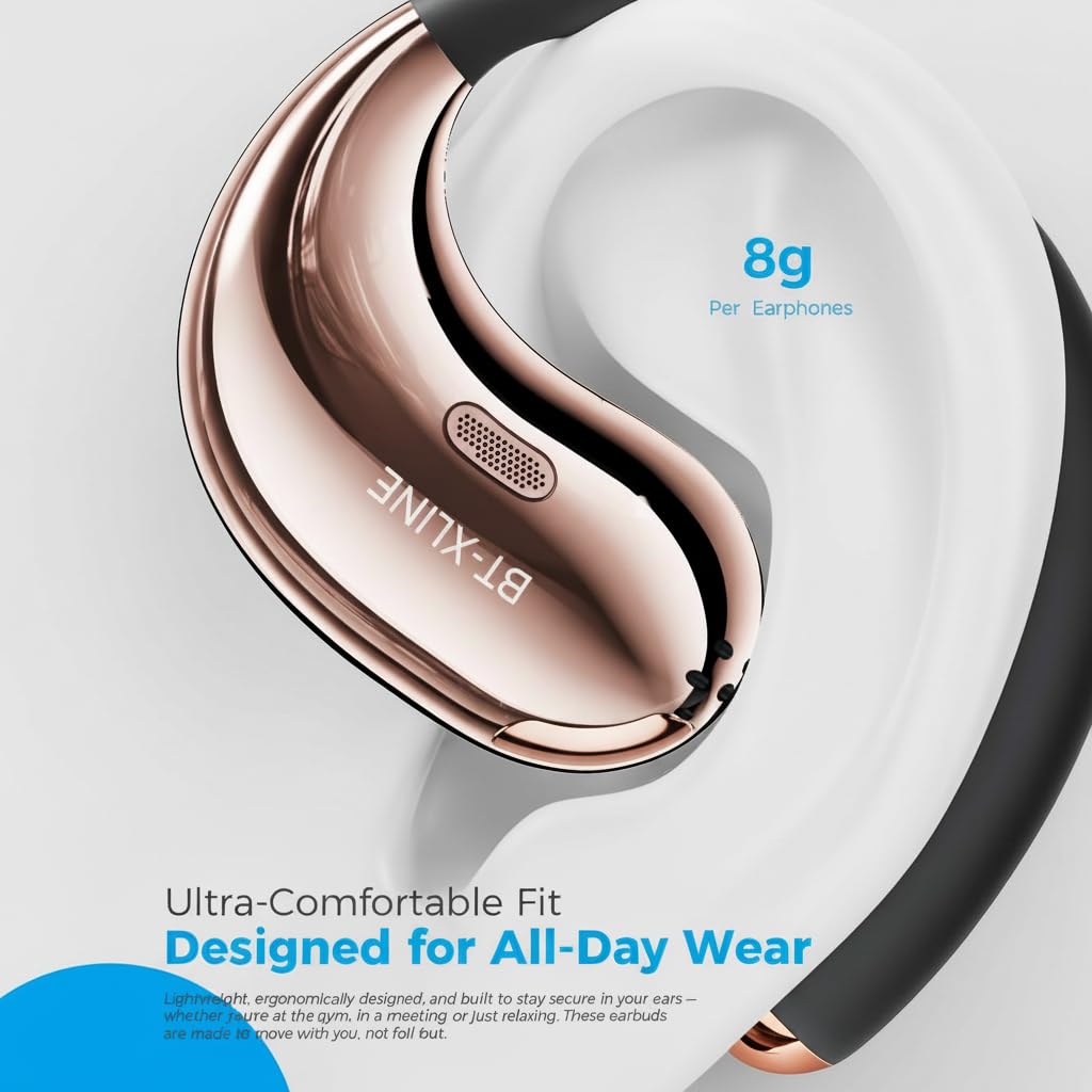 Micool Open Ear Headphones Bluetooth 6.0, Clip On Earbuds Wireless with 36H Playtime, Noise Cancelling Sports Headphones (Black with Rosegold Frame)